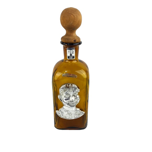 Sancho Panza Other - Amber Liquor Bottle of Sancho Panza Wood Cork Top Empty Nickel Silver Relief 12"